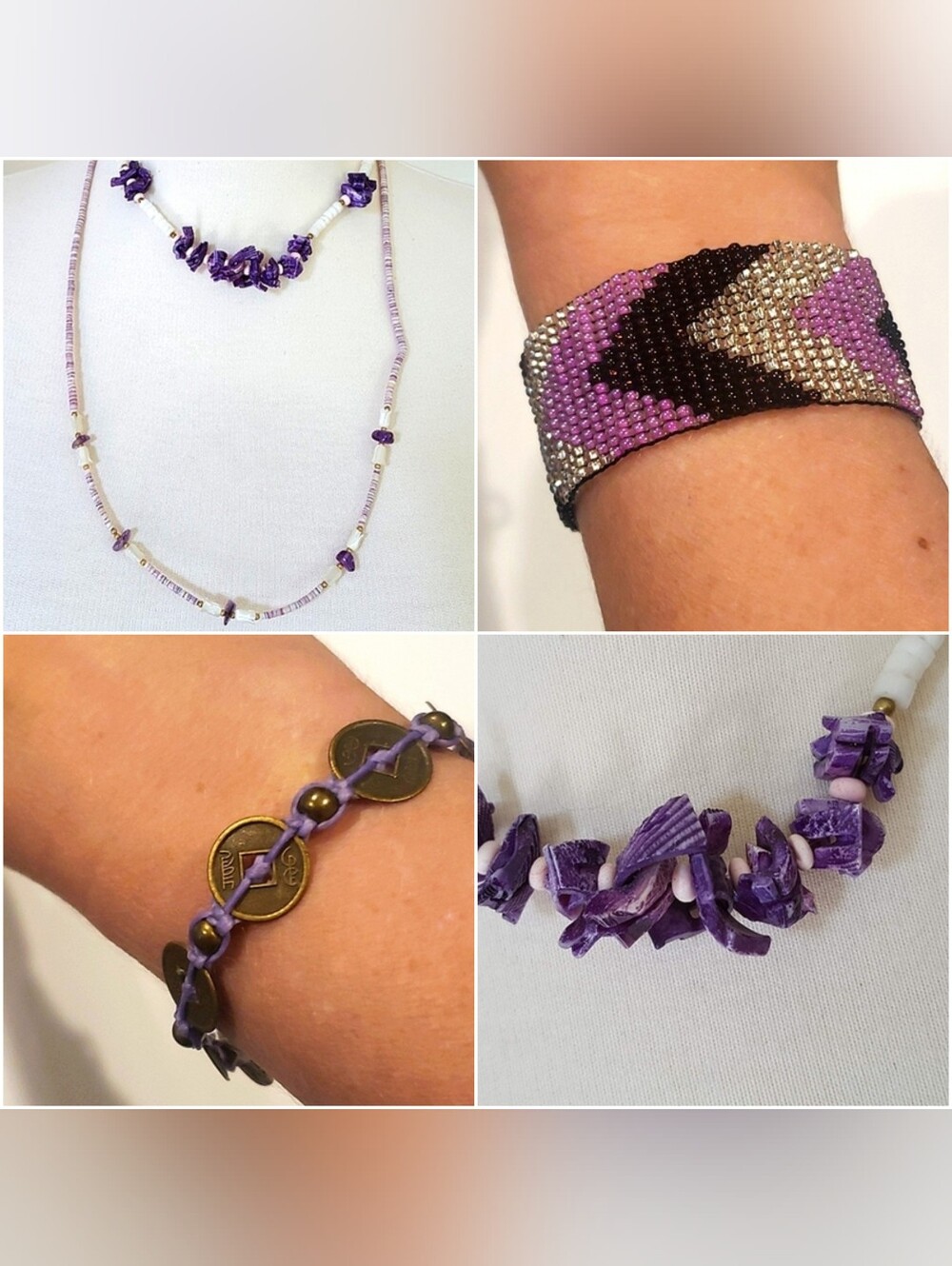 PURPLE COSTUME JEWELRY SHELL NECKLACE BEAD METAL STRING FRIENDSHIP BRACE…